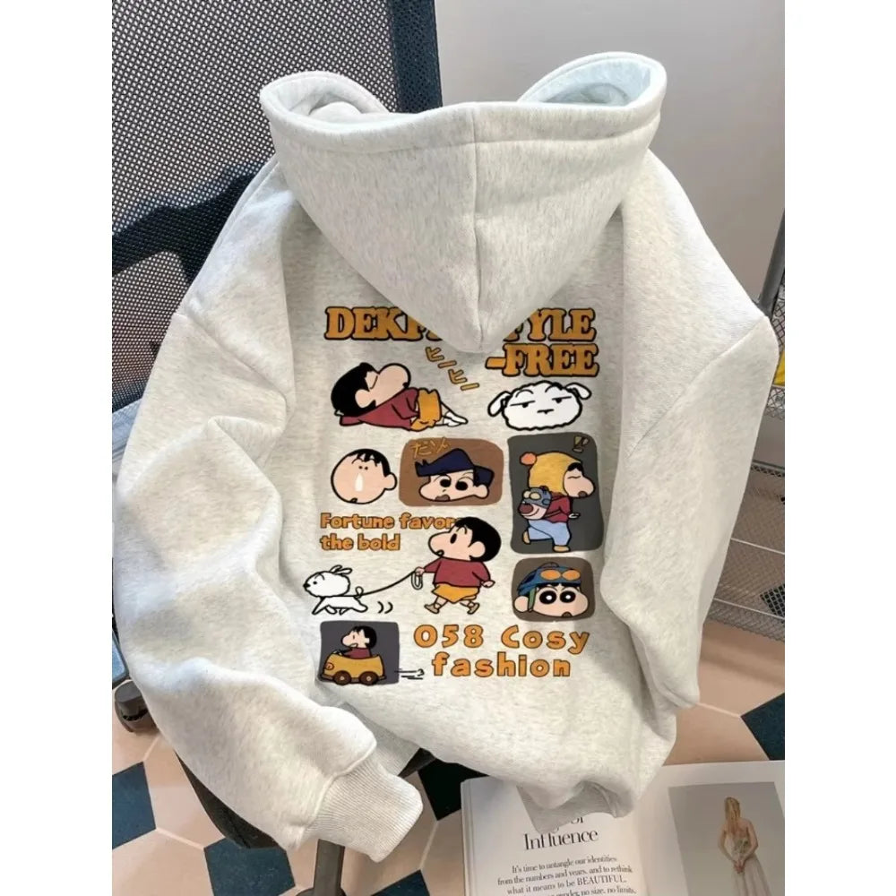 MINISO Crayon Shin-chan Cartoon Print Youth Hooded Fleece Warm Oversized Men Women Sweatshirt Loose Long Sleeve Top Male Clothes